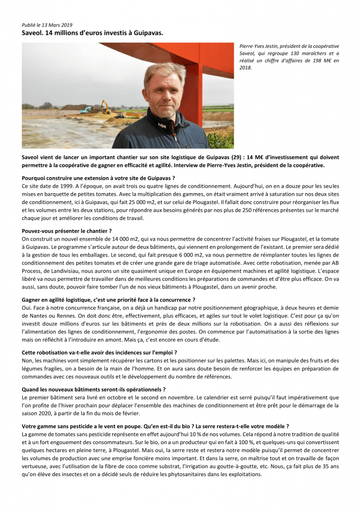 AB Process Ingénierie apparait dans Le Télégramme pour sa collaboration avec Savéol